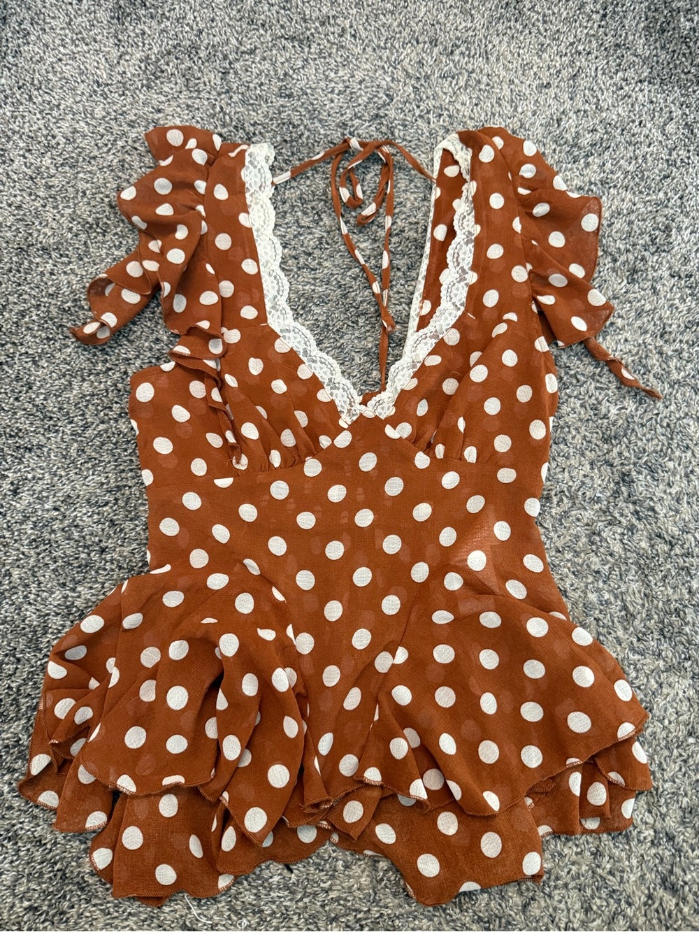 Kimchi Blue Rust Brown Polka Dot Lace-Trim Peplum Top